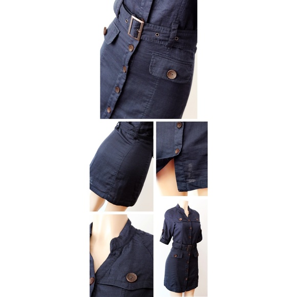 Navy Belted Button Down Safari Utility Shirt Dress - Picture 6 of 8
